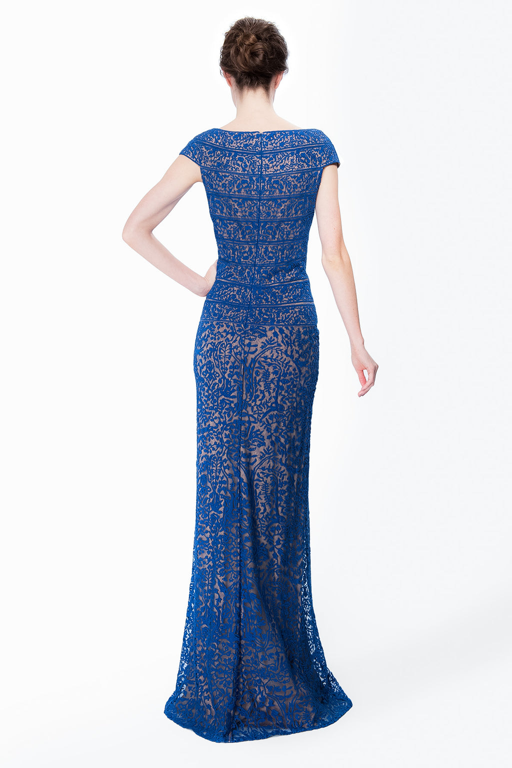 Embroidered Banded Lace Bodice Gown in Blue Lagoon / Nude