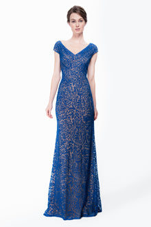 Embroidered Banded Lace Bodice Gown in Blue Lagoon / Nude