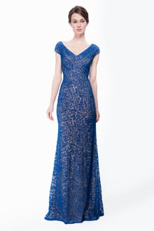 Embroidered Banded Lace Bodice Gown in Blue Lagoon / Nude