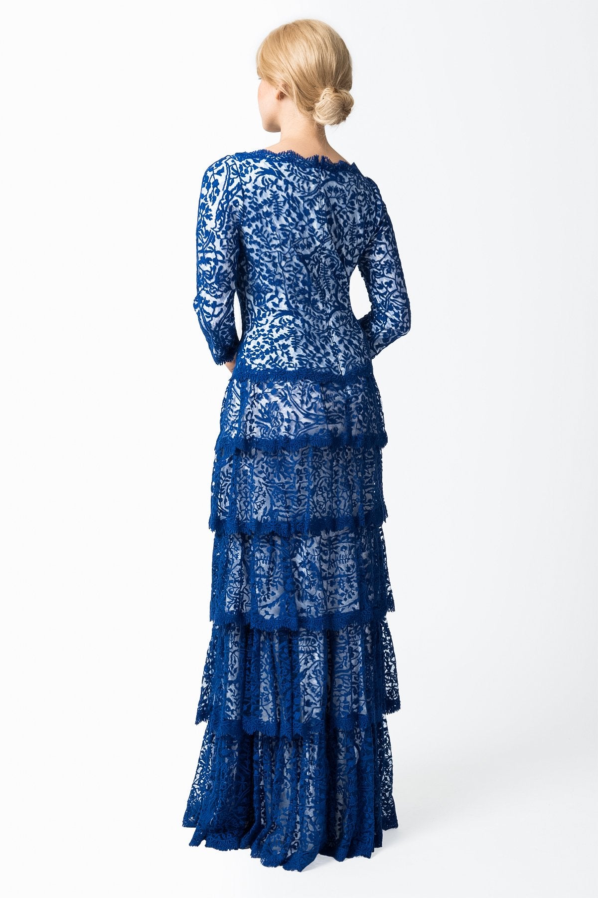 Embroidered Lace ¾ Sleeve Tiered Gown in Blue Lagoon