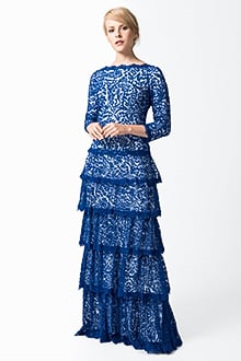 Embroidered Lace ¾ Sleeve Tiered Gown in Blue Lagoon