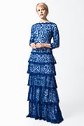 Embroidered Lace ¾ Sleeve Tiered Gown in Blue Lagoon