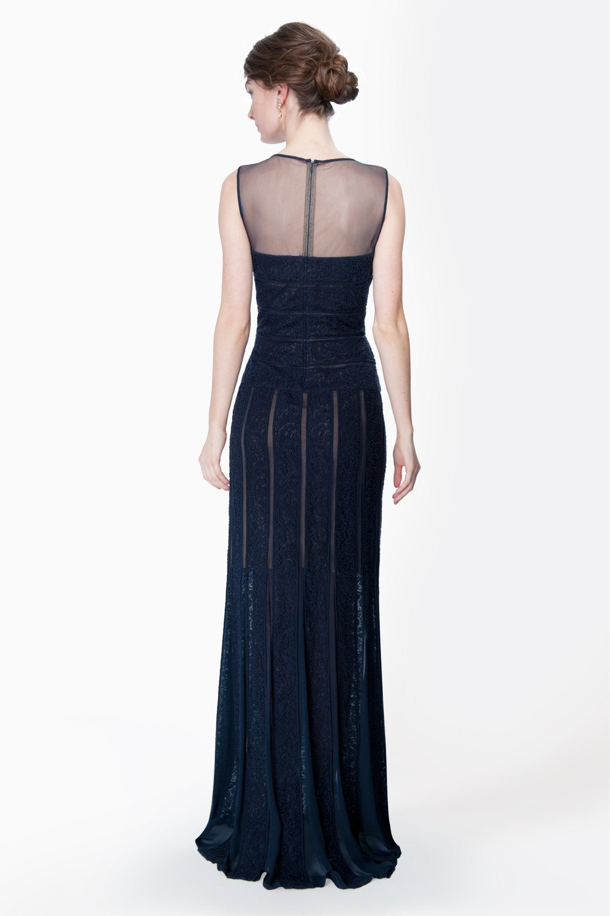 Banded Lace Gown with Illusion Neckline in Navy / Nude