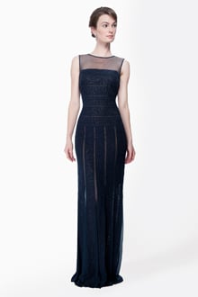 Banded Lace Gown with Illusion Neckline in Navy / Nude
