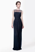 Banded Lace Gown with Illusion Neckline in Navy / Nude