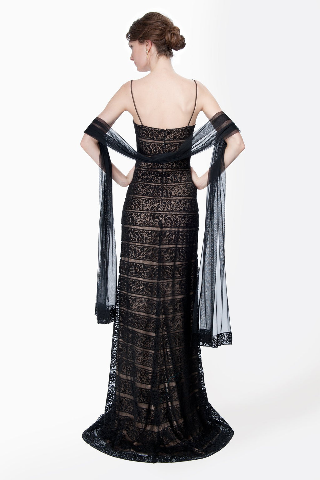 Banded Embroidered Lace Spaghetti Strap Slip Gown with Stole in Black / Nude