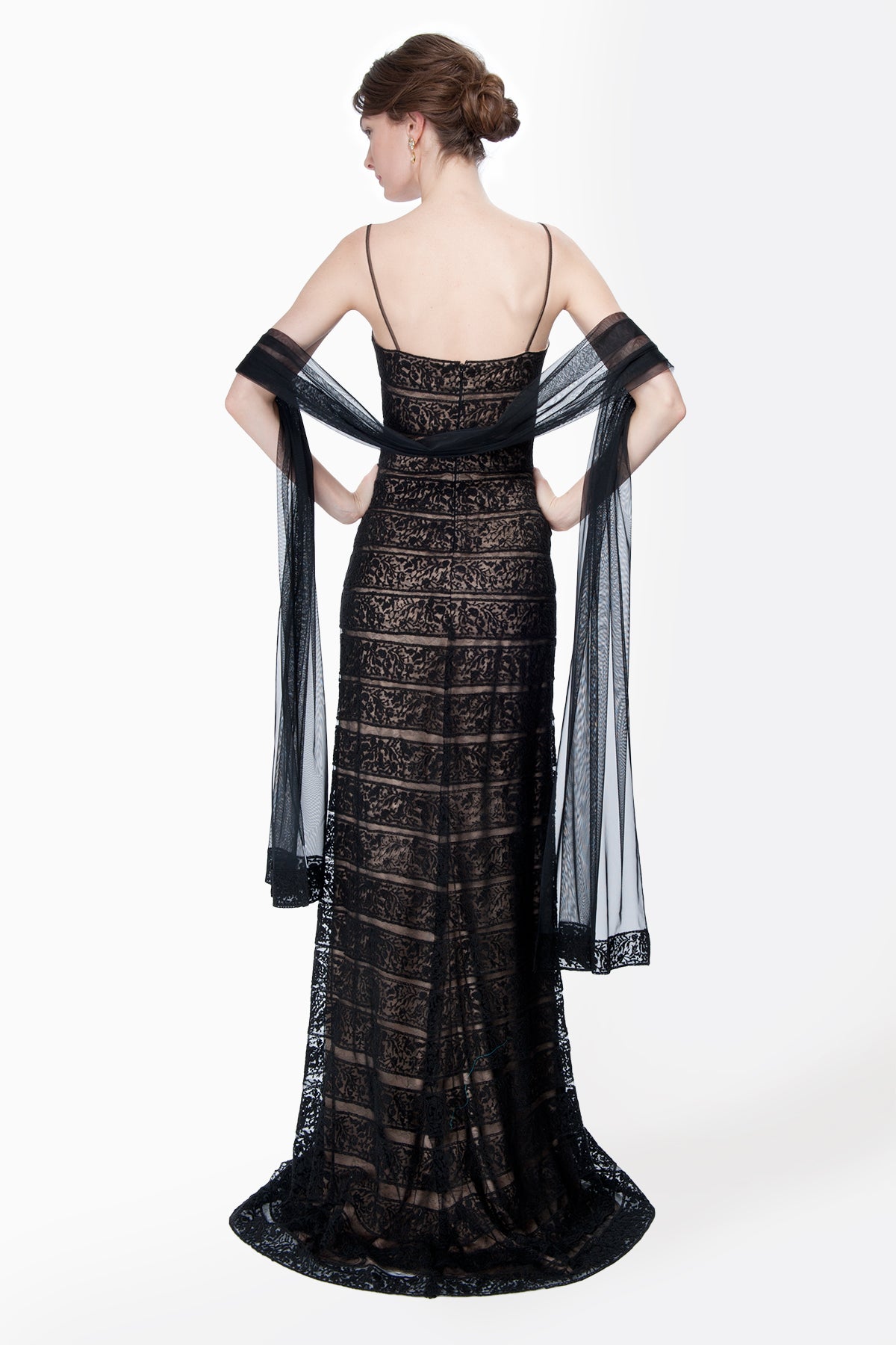 Banded Embroidered Lace Spaghetti Strap Slip Gown with Stole in Black / Nude