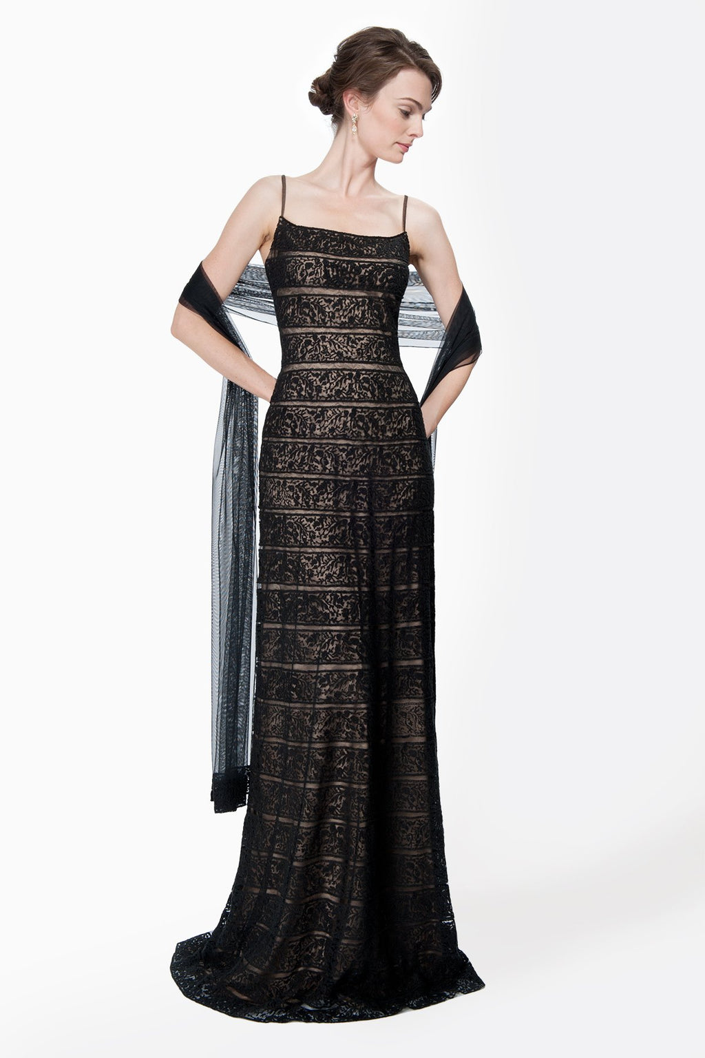 Banded Embroidered Lace Spaghetti Strap Slip Gown with Stole in Black / Nude