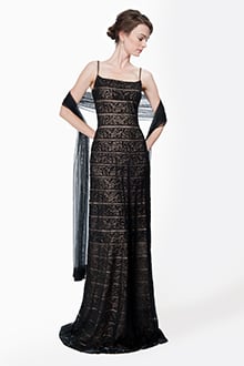 Banded Embroidered Lace Spaghetti Strap Slip Gown with Stole in Black / Nude