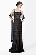 Banded Embroidered Lace Spaghetti Strap Slip Gown with Stole in Black / Nude