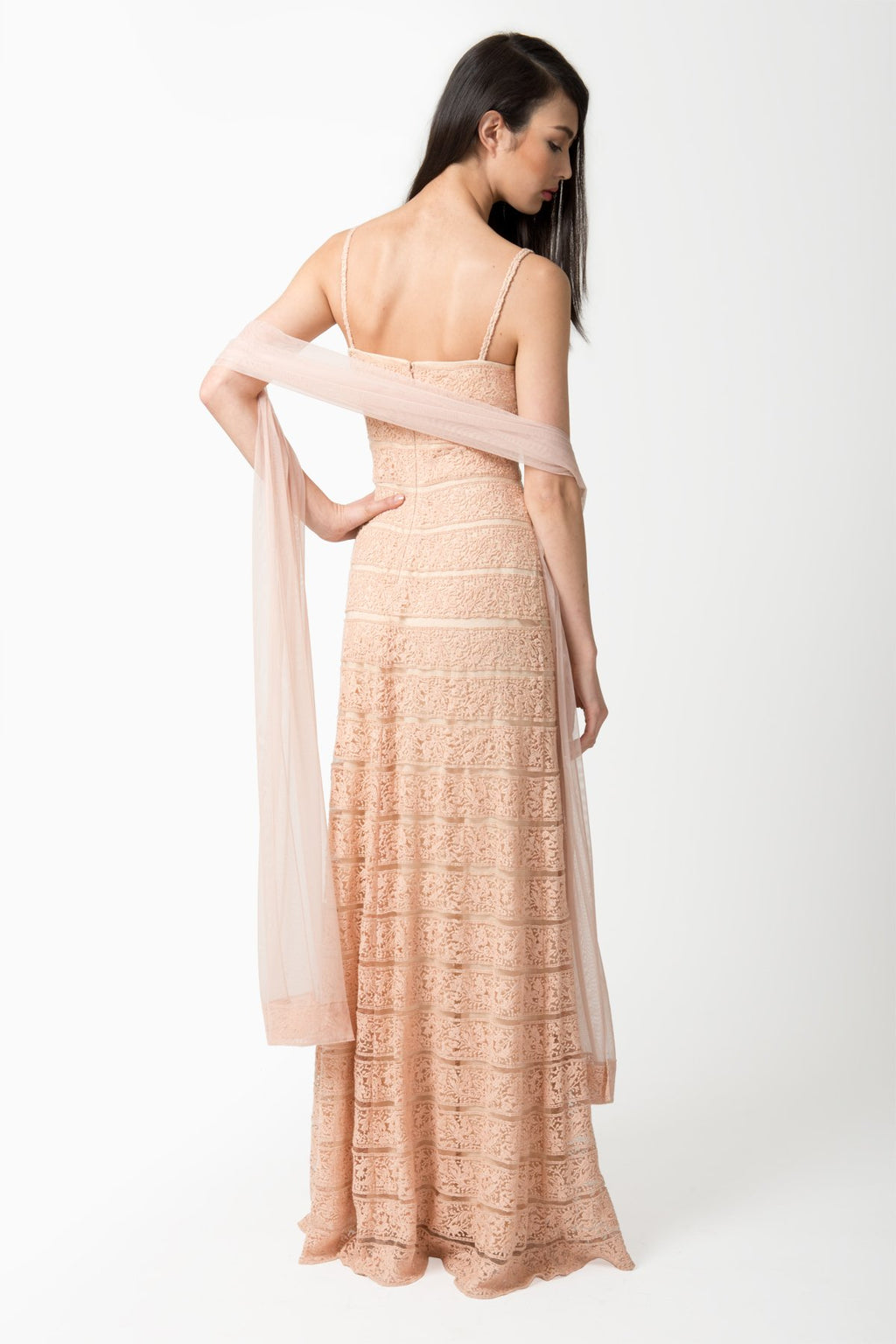 Banded Embroidered Lace Spaghetti Strap Slip Gown with Stole in Desert Bloom