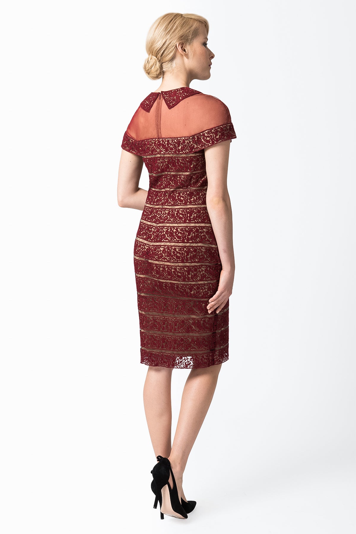 Embroidered Banded Lace Sheath Dress in Maroon