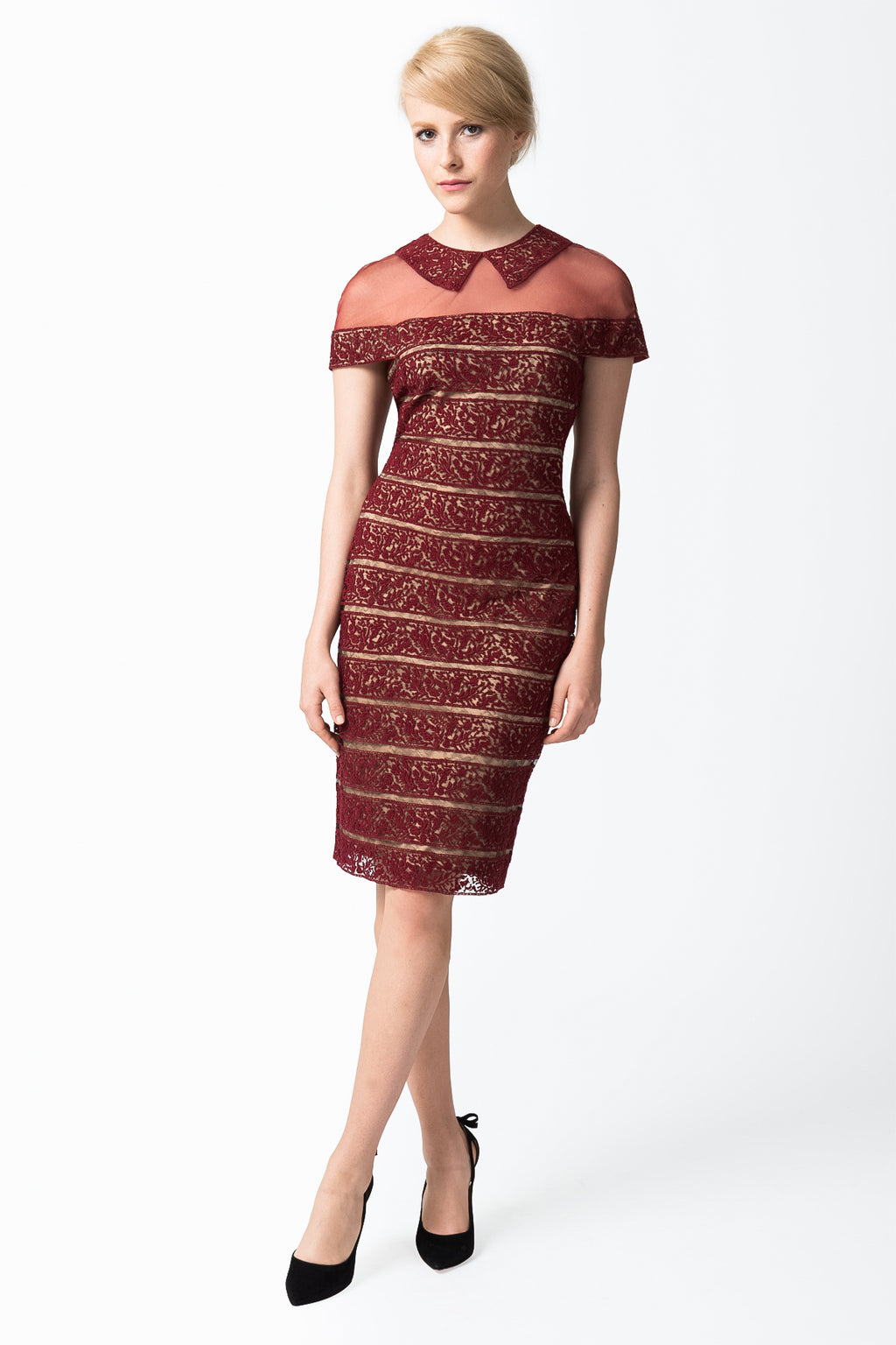 Embroidered Banded Lace Sheath Dress in Maroon