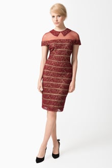Embroidered Banded Lace Sheath Dress in Maroon
