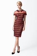Embroidered Banded Lace Sheath Dress in Maroon