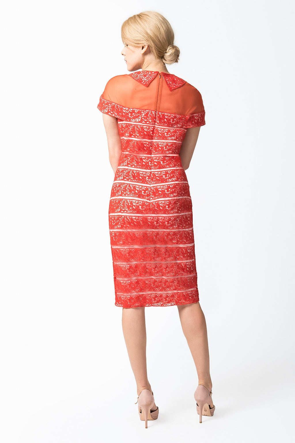 Embroidered Banded Lace Sheath Dress in Paprika