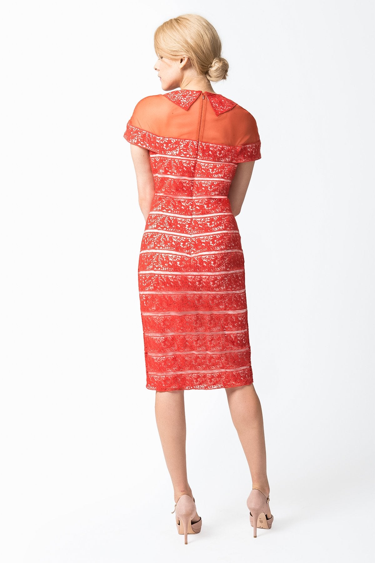 Embroidered Banded Lace Sheath Dress in Paprika