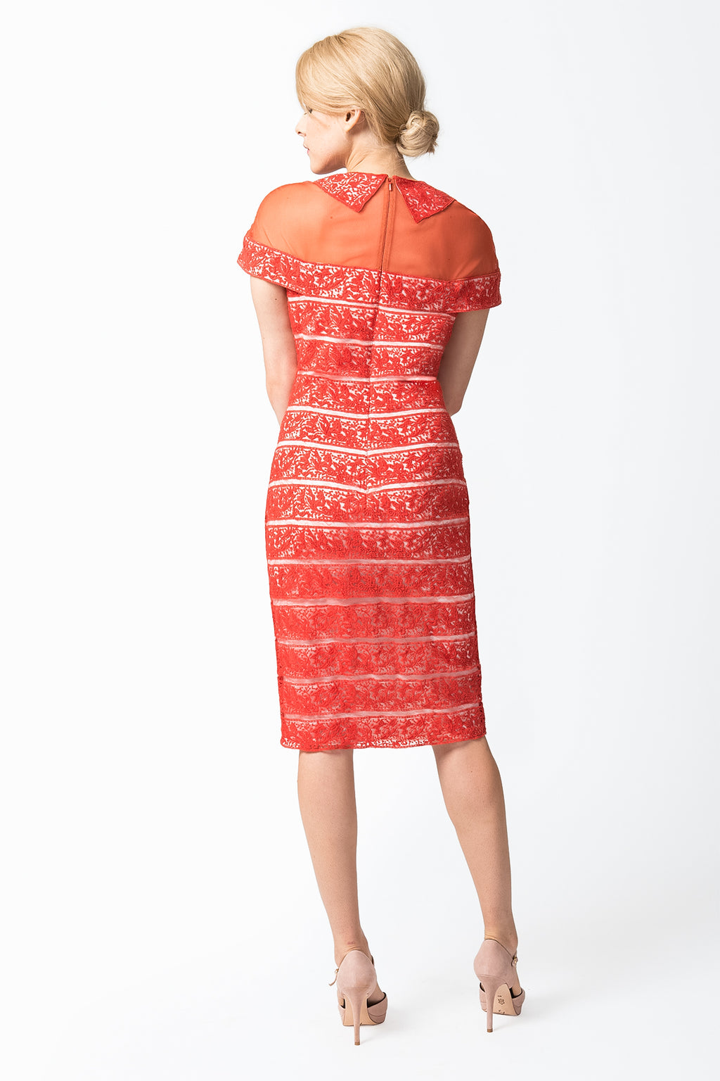 Embroidered Banded Lace Sheath Dress in Paprika
