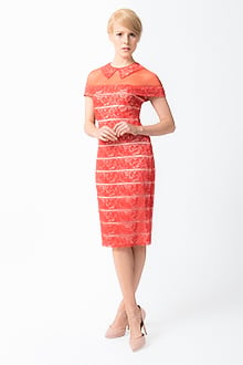 Embroidered Banded Lace Sheath Dress in Paprika