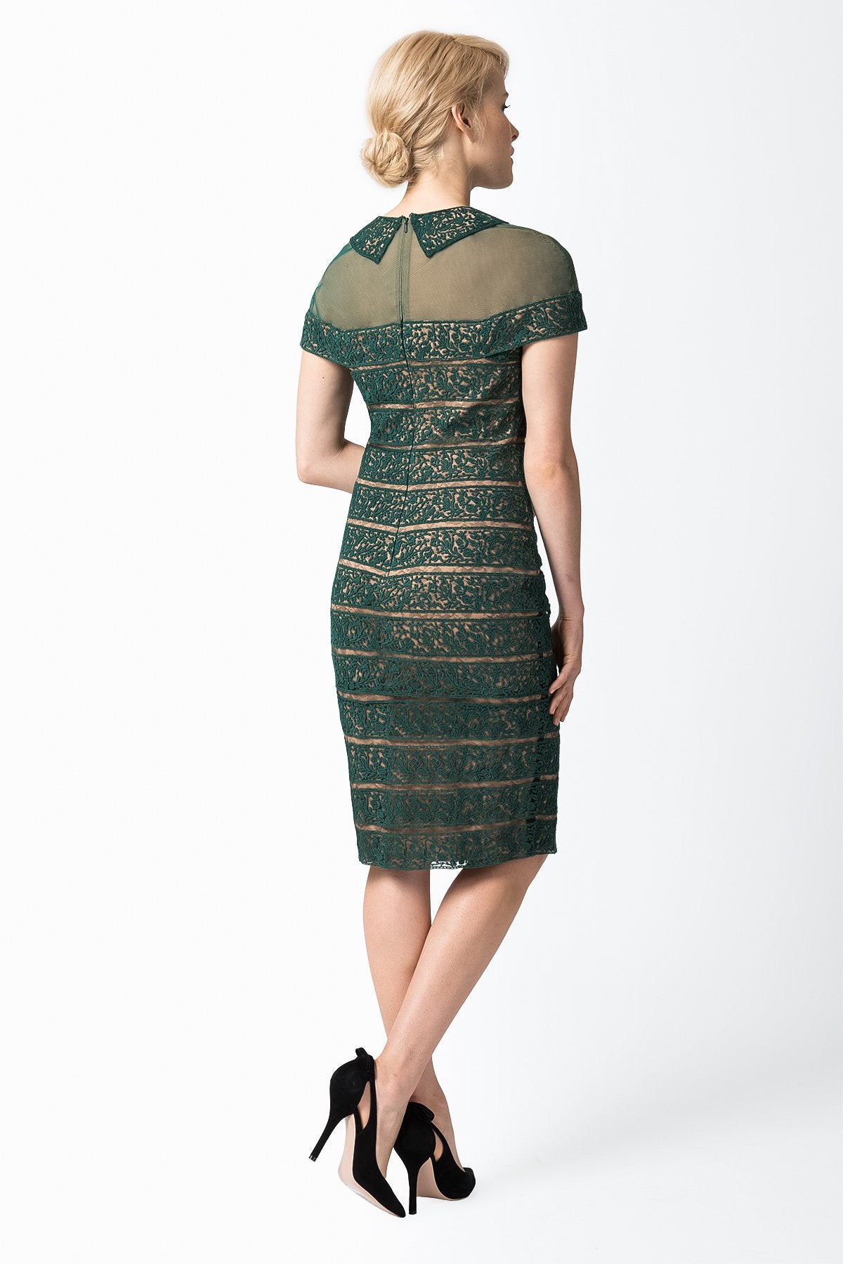 Embroidered Banded Lace Sheath Dress in Green