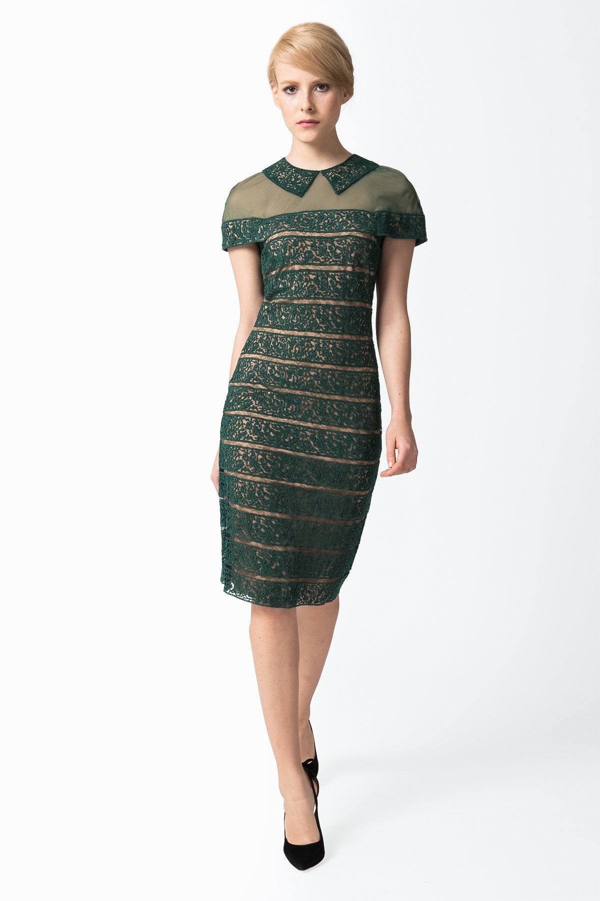Embroidered Banded Lace Sheath Dress in Green