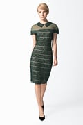 Embroidered Banded Lace Sheath Dress in Green