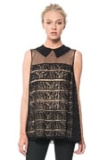 Embroidered Banded Lace Blouse in Black / Nude