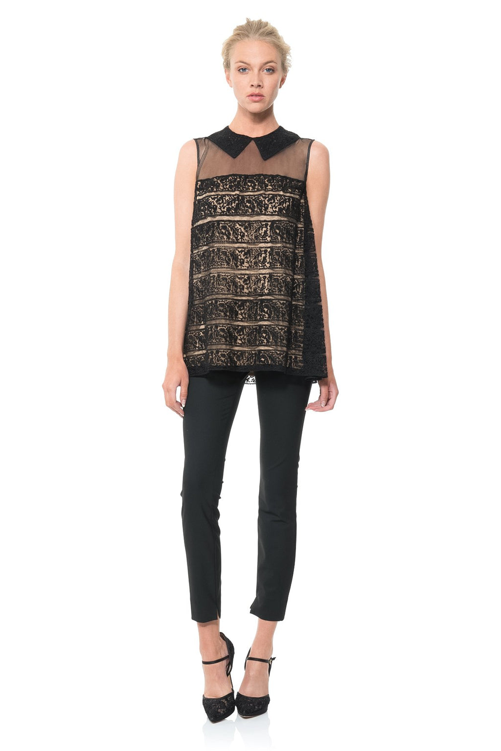 Embroidered Banded Lace Blouse in Black / Nude