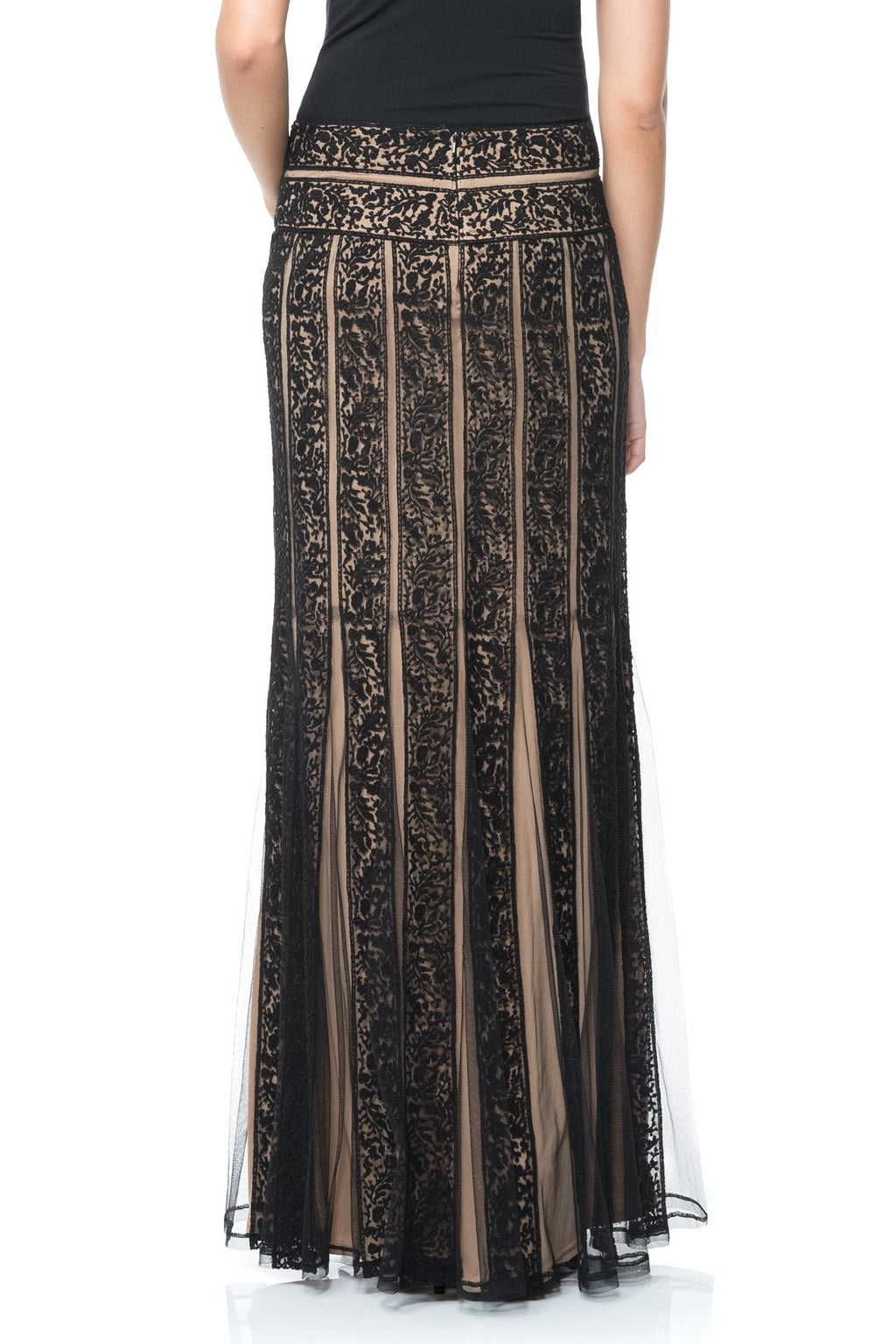 Embroidered Lace Banded Maxi Skirt in Black / Nude