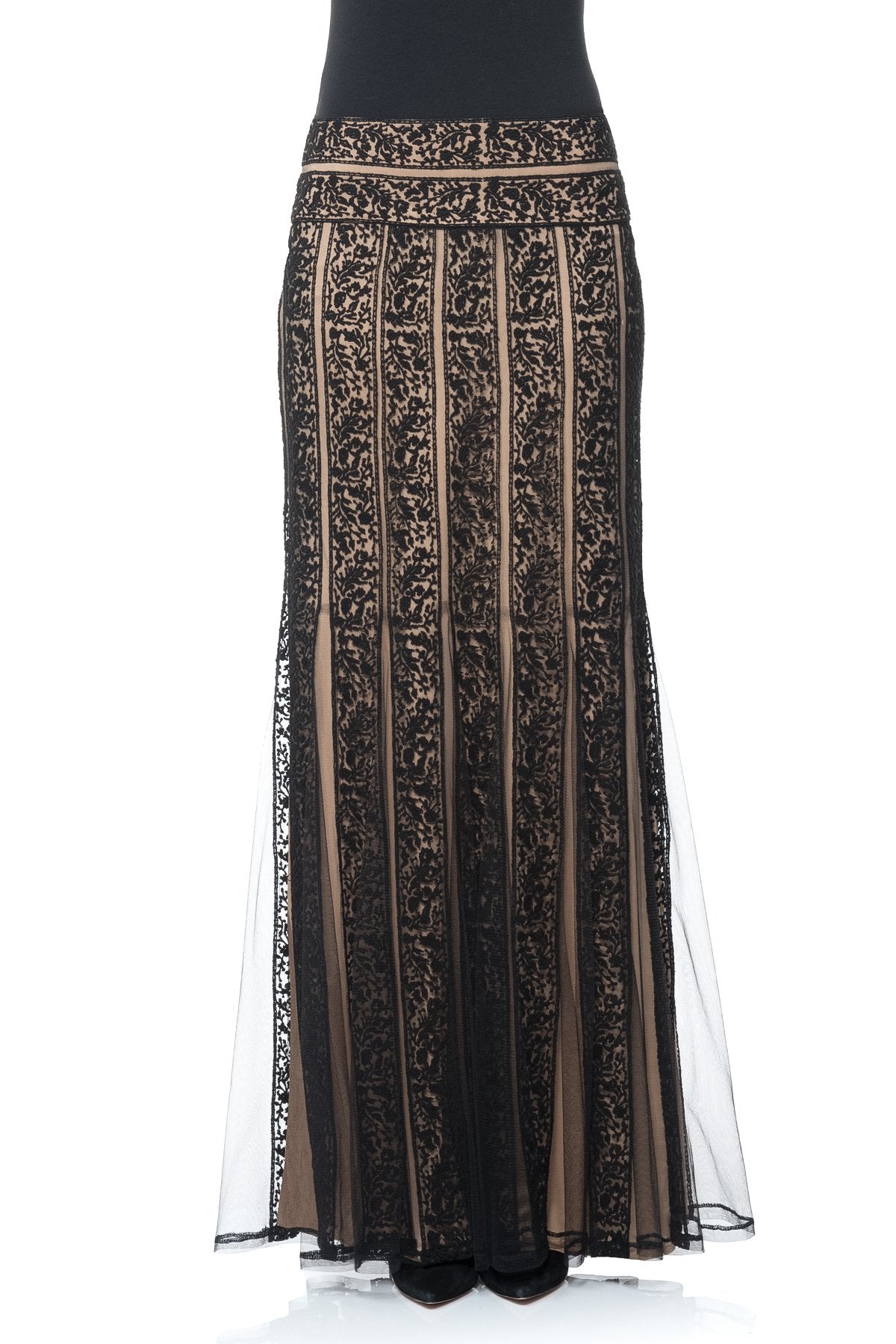 Embroidered Lace Banded Maxi Skirt in Black / Nude