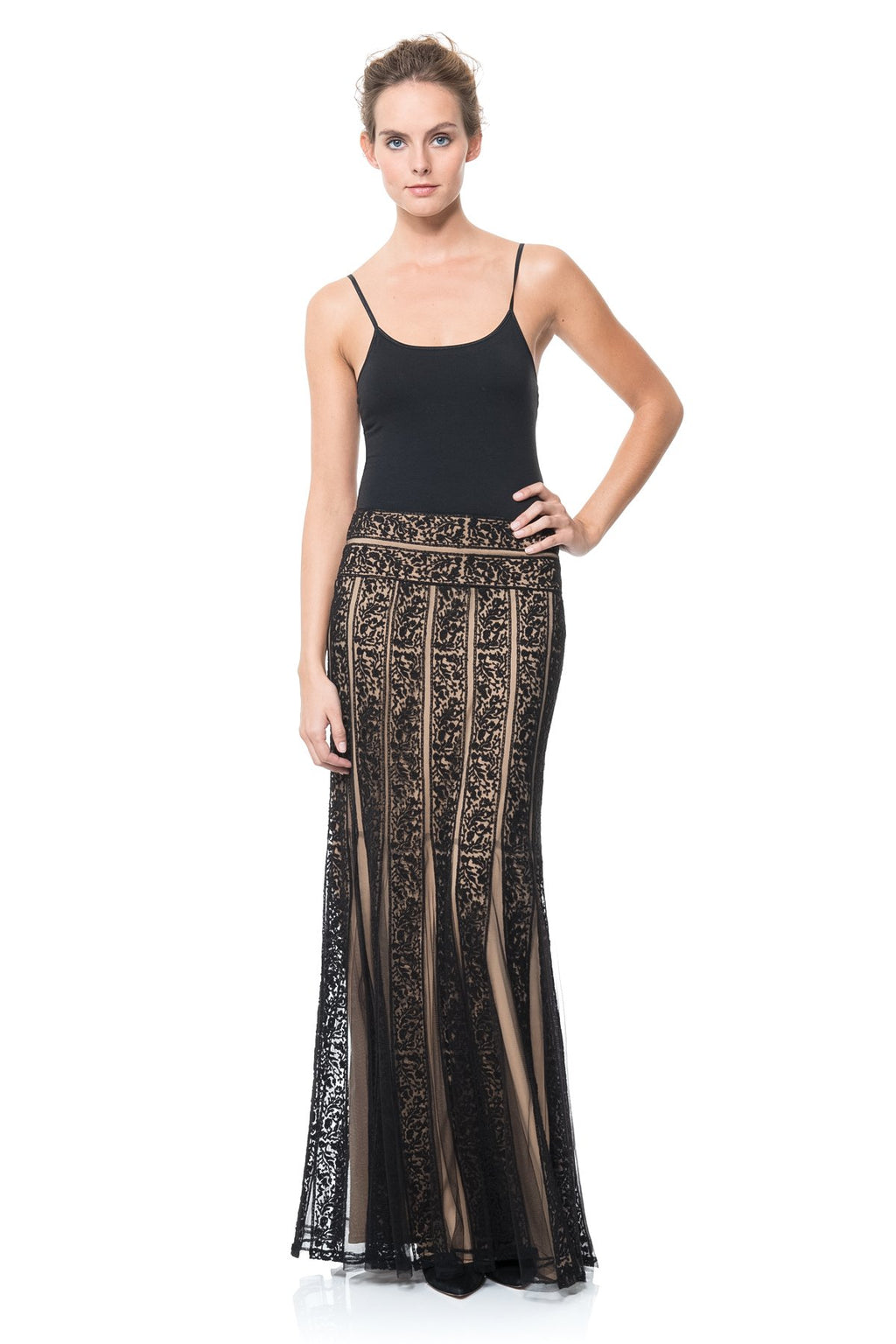 Embroidered Lace Banded Maxi Skirt in Black / Nude