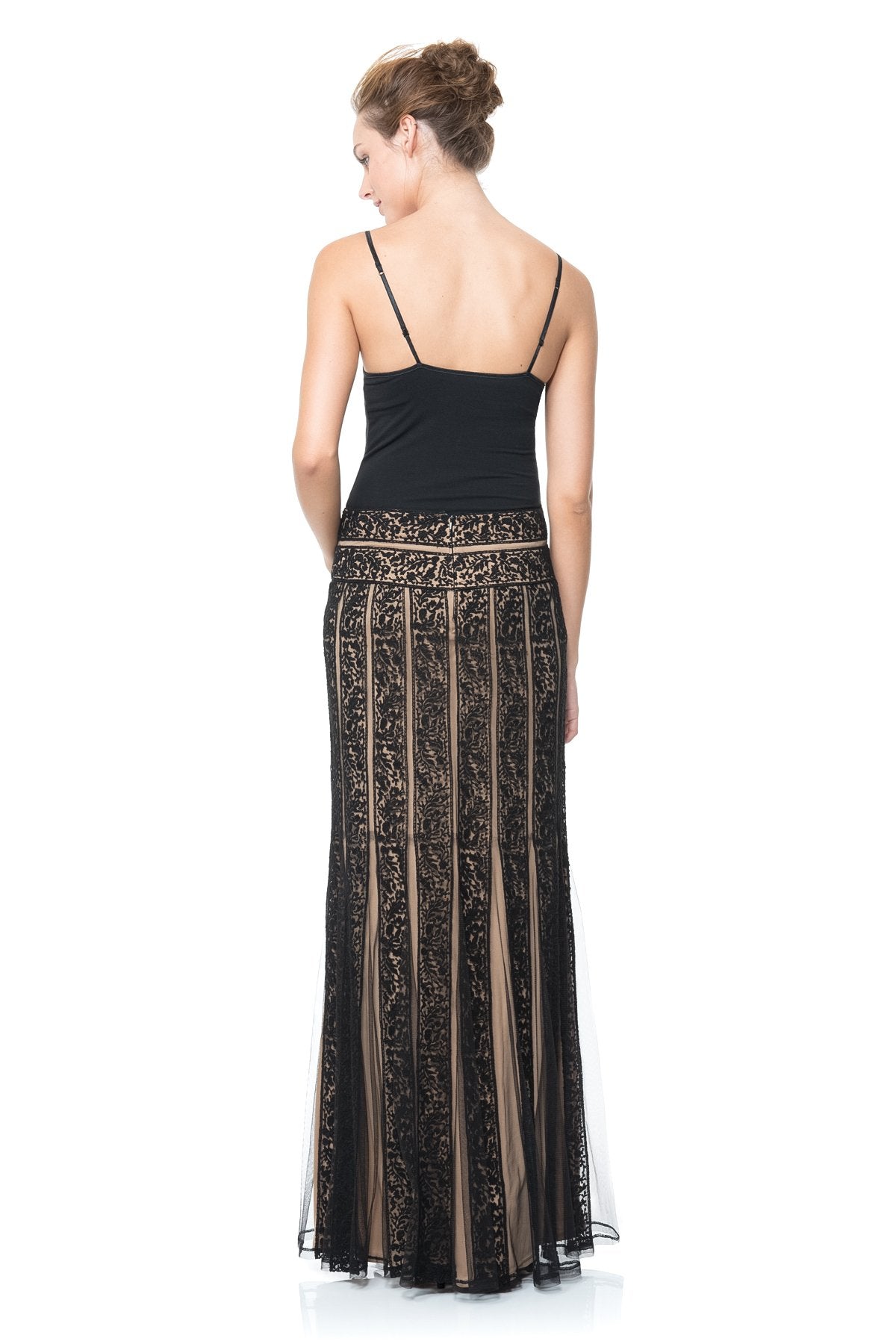 Embroidered Lace Banded Maxi Skirt in Black / Nude