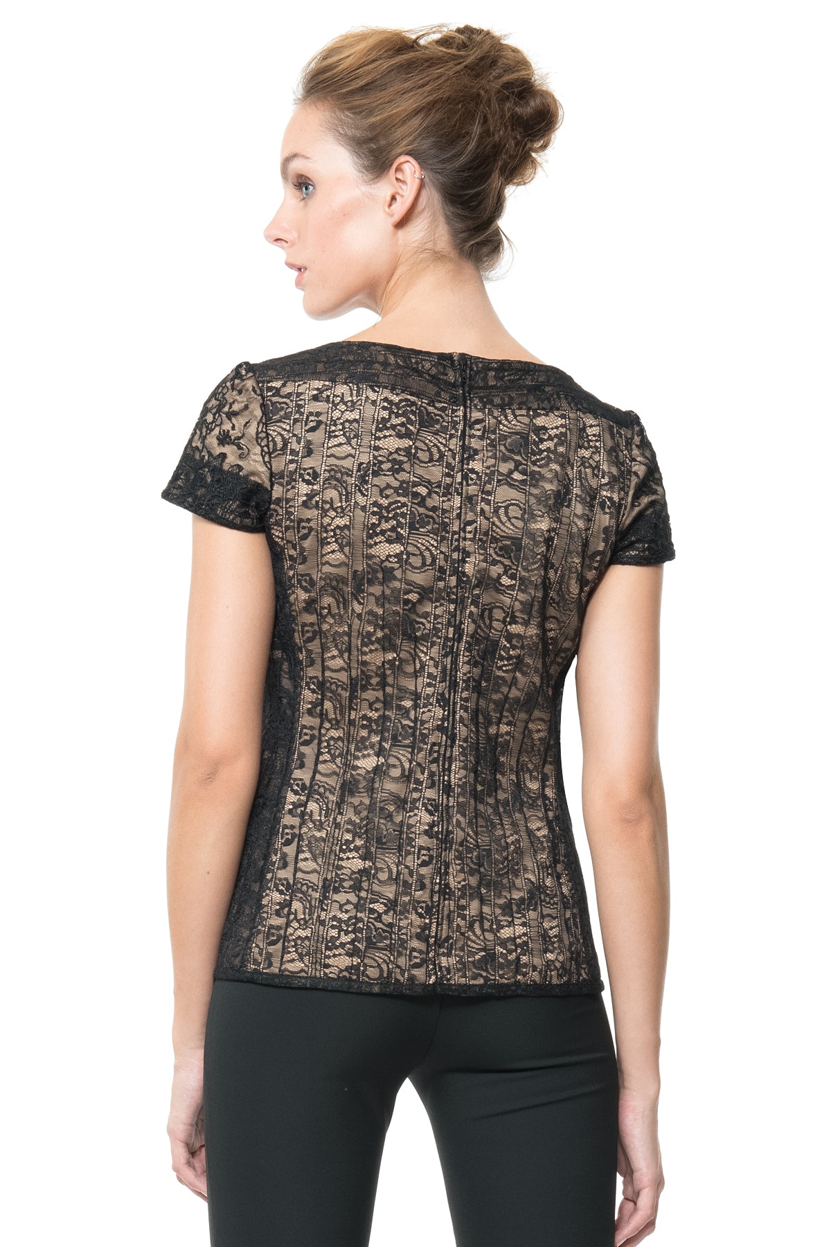Embroidered Lace Cap Sleeve Top in Black / Nude