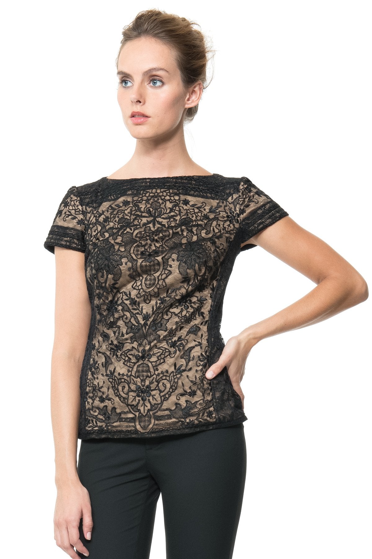 Embroidered Lace Cap Sleeve Top in Black / Nude