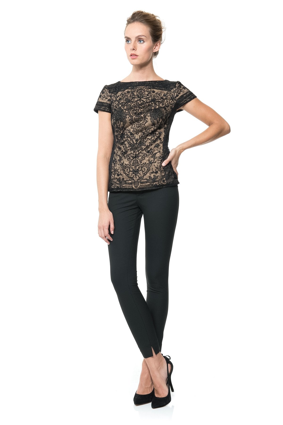 Embroidered Lace Cap Sleeve Top in Black / Nude