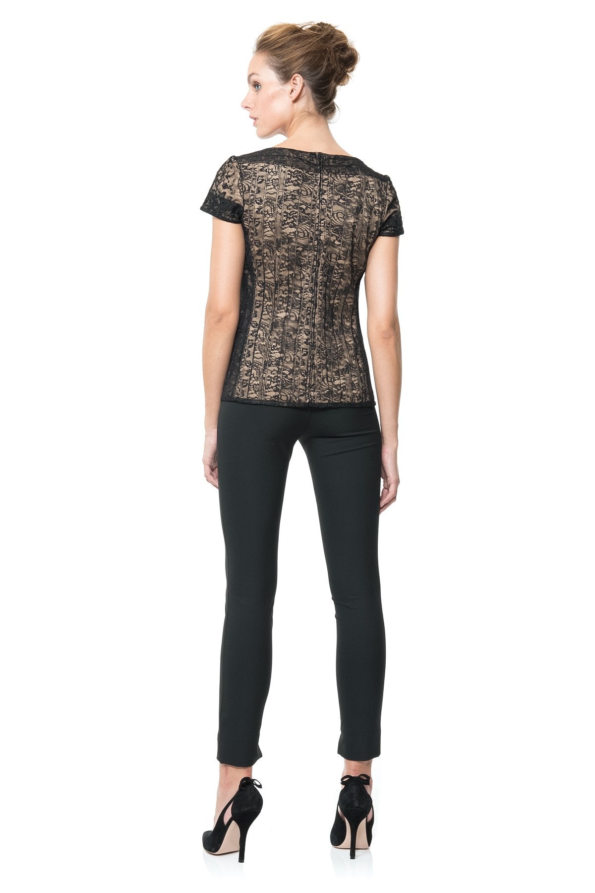 Embroidered Lace Cap Sleeve Top in Black / Nude