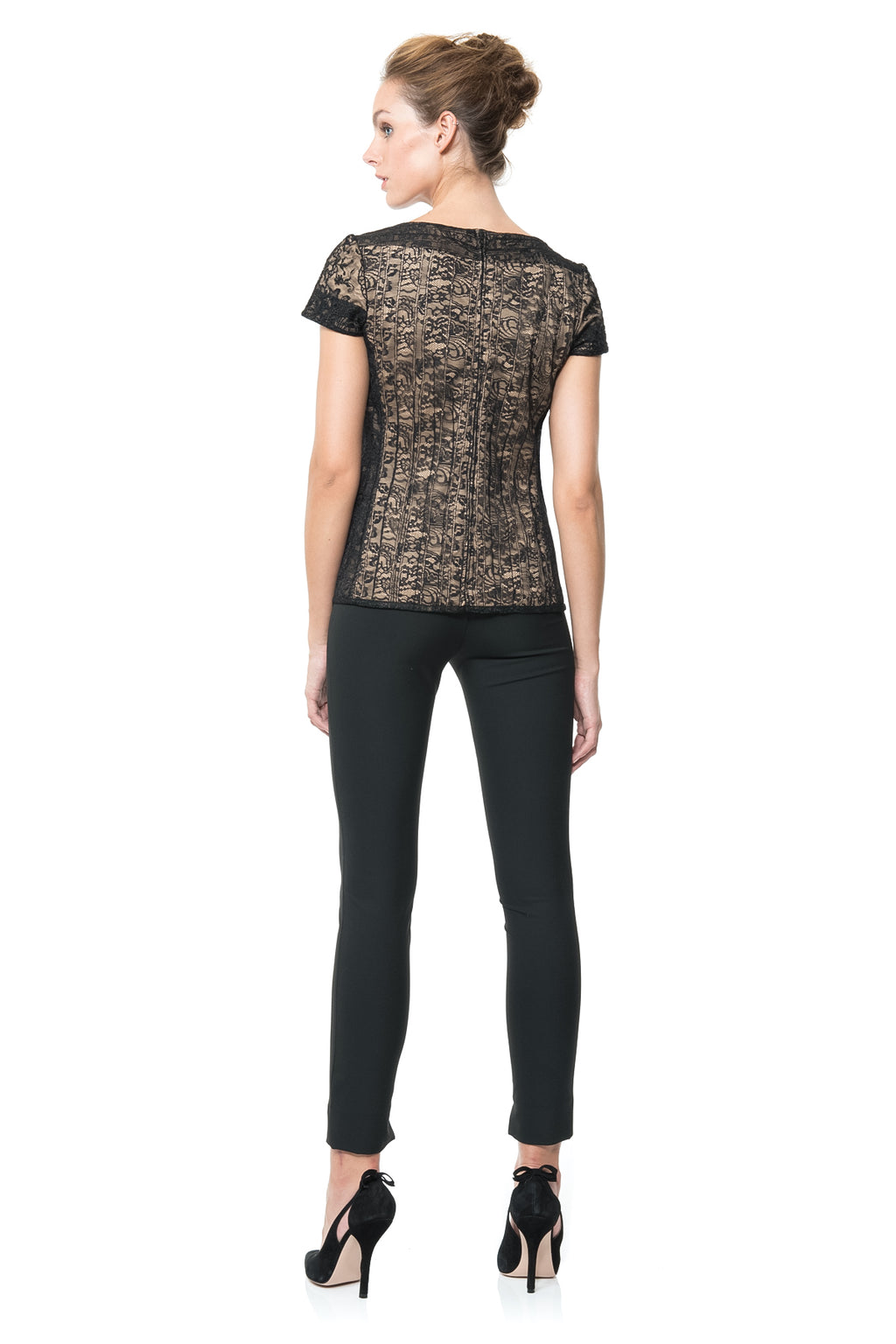 Embroidered Lace Cap Sleeve Top in Black / Nude