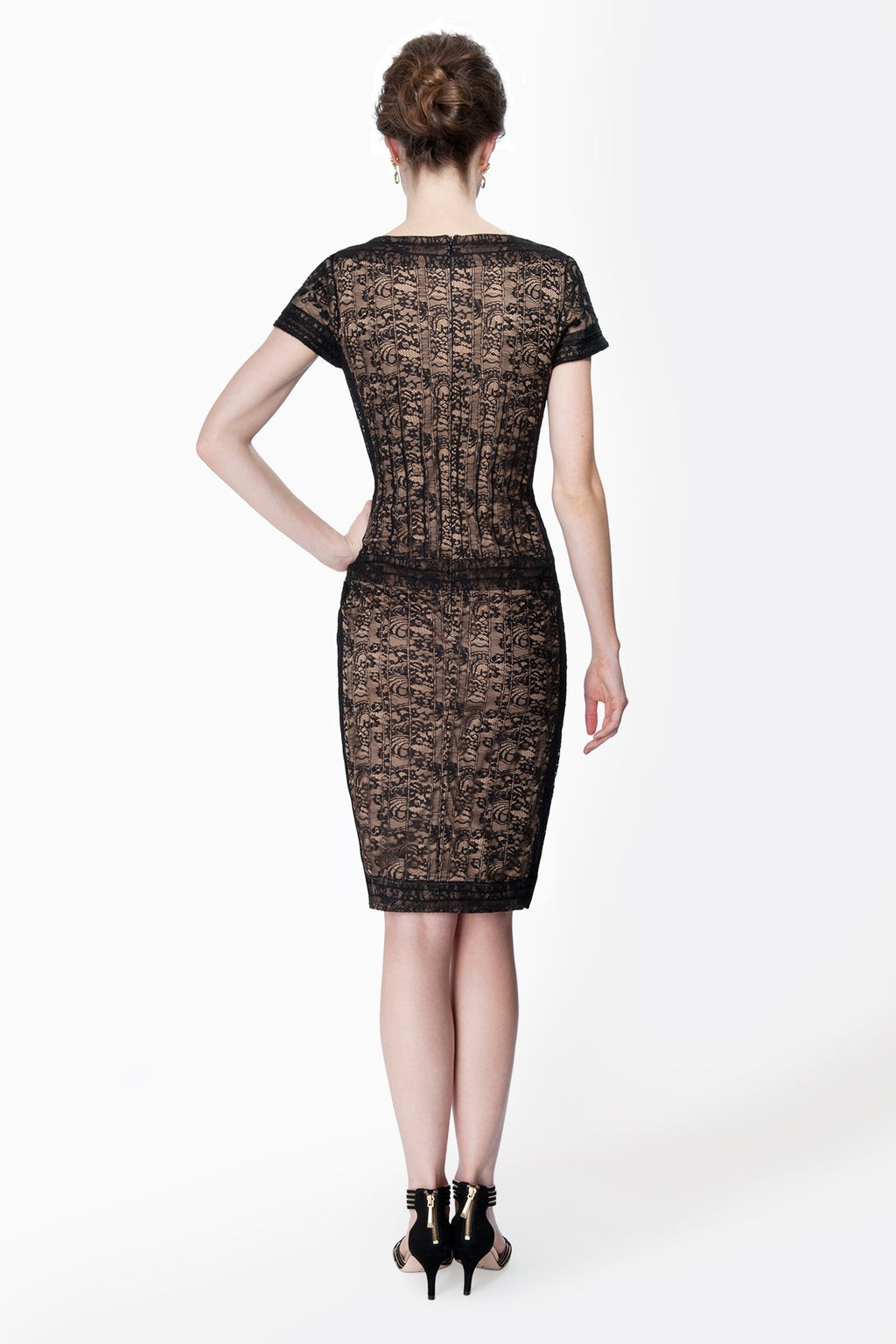 Embroidered Lace Cap Sleeve Sheath Dress in Black / Nude