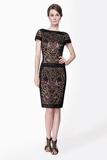 Embroidered Lace Cap Sleeve Sheath Dress in Black / Nude