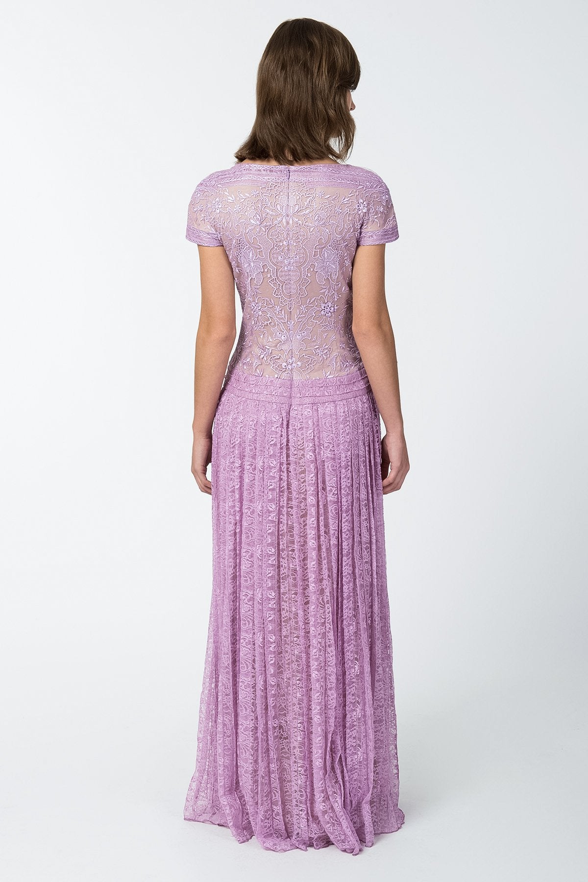 Embroidered Banded Lace Cap Sleeve Pleated Gown in Pale Iris