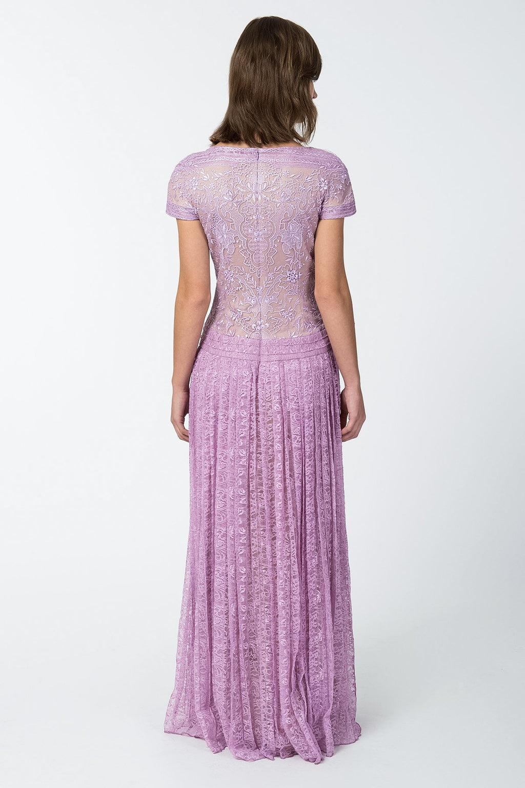 Embroidered Banded Lace Cap Sleeve Pleated Gown in Pale Iris