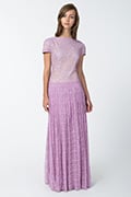 Embroidered Banded Lace Cap Sleeve Pleated Gown in Pale Iris