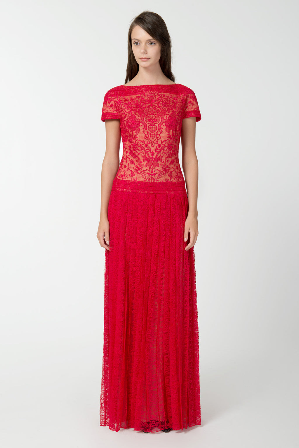 Embroidered Banded Lace Cap Sleeve Pleated Gown in Rose Dust