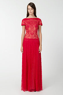 Embroidered Banded Lace Cap Sleeve Pleated Gown in Rose Dust