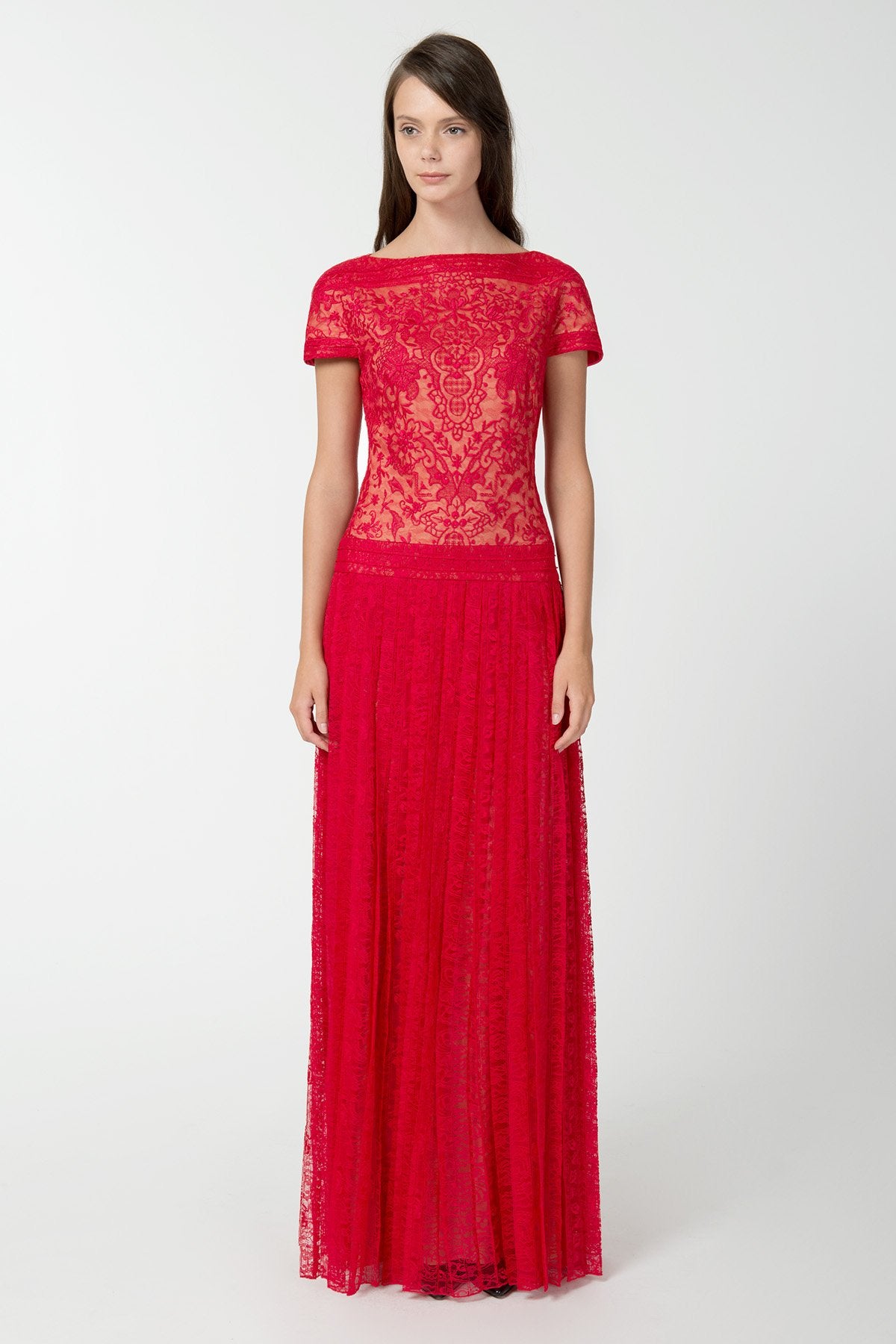 Embroidered Banded Lace Cap Sleeve Pleated Gown in Rose Dust