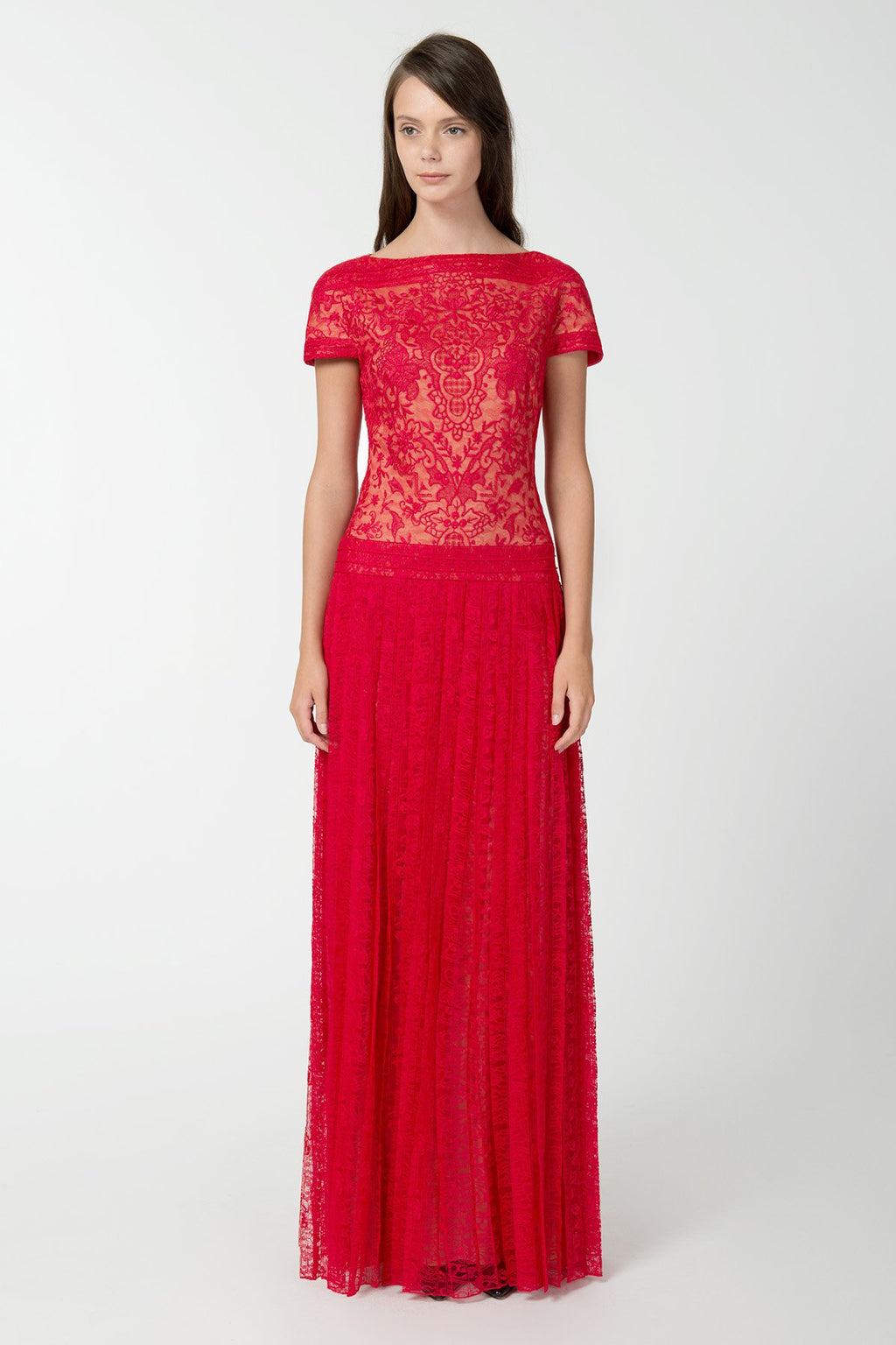 Embroidered Banded Lace Cap Sleeve Pleated Gown in Rose Dust