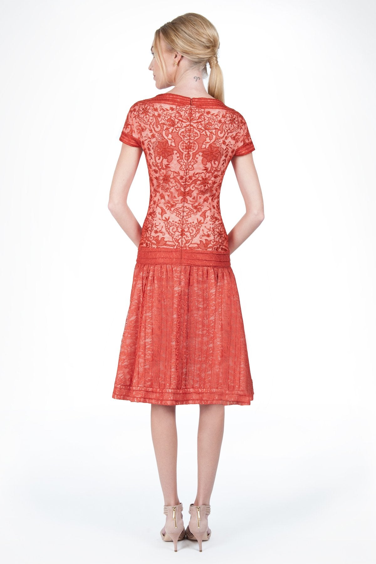 Embroidered Banded Lace Cap Sleeve Pleated Dress in Paprika