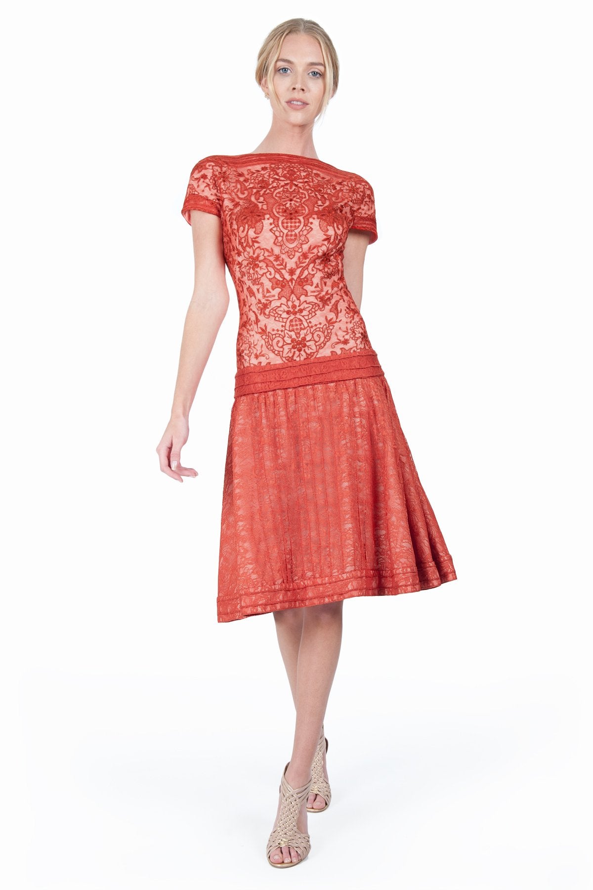 Embroidered Banded Lace Cap Sleeve Pleated Dress in Paprika