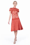 Embroidered Banded Lace Cap Sleeve Pleated Dress in Paprika