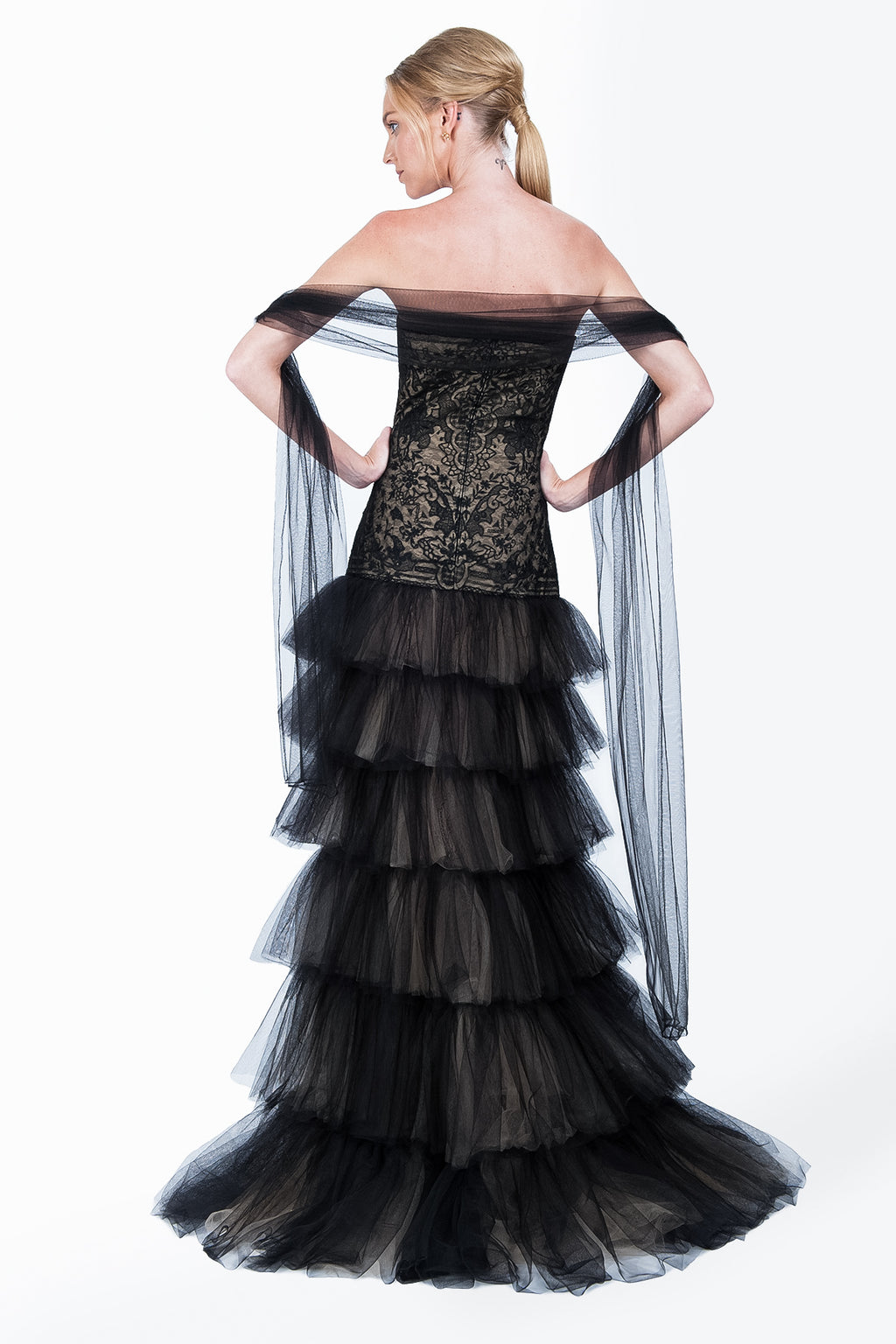 Tulle and Embroidered Lace Strapless Tiered Gown in Black / Nude